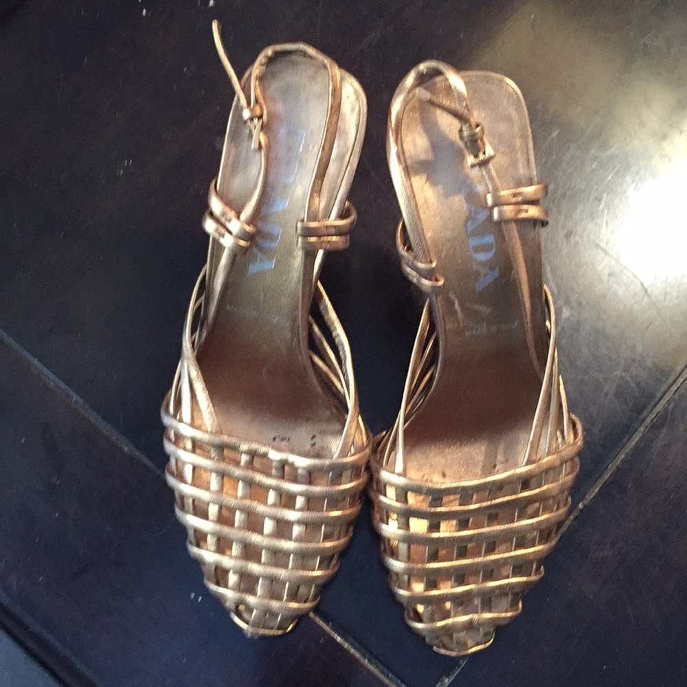 Gold leather Prada sling backs sz 35 1/2